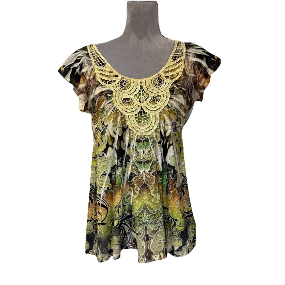 Y2K 2000s Apt 9 V-Neck Short Sleeve Blouse Tunic Fairy Forest Grunge Babydoll LG